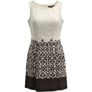 Jones Wear Dress Womens 12 Cream Brown Damask Print‎ Sleeveless Fit Flare Cotton